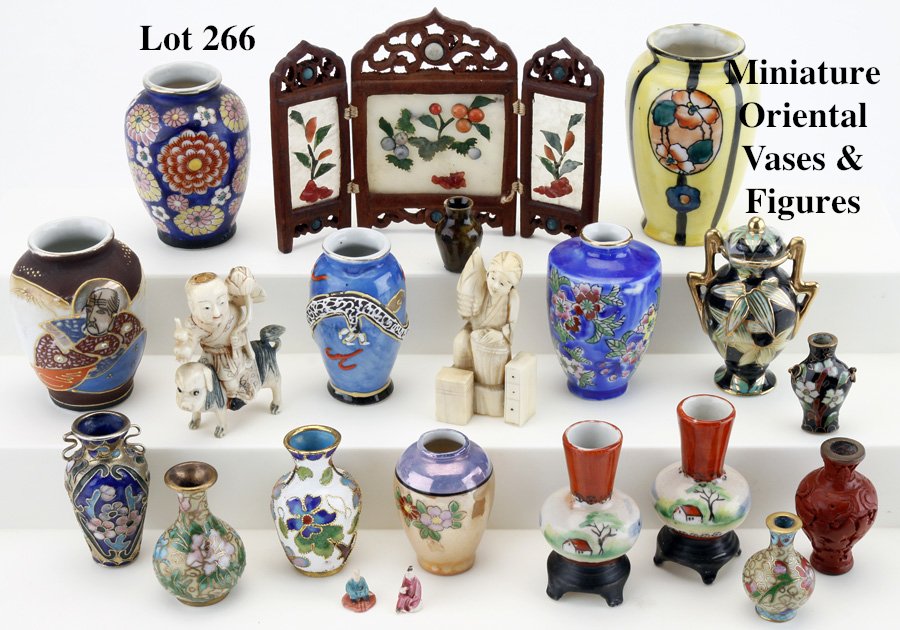 Miniature Oriental Vases & Figures: includes a jade and stone 3 panel wood framed screen, Chinese and Japanese cloisonne vases, 2 carved bone pieces (dog figure missing 1 back leg), 2 very tiny ceramic figures, a pair of matched Kato pe