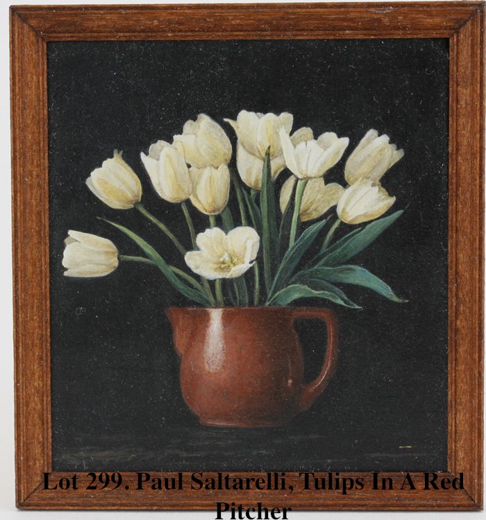 Paul Saltarelli, Tulips In A Red Pitcher: Italian, 20th century, egg tempera on canvas, 1987, Ltd. edition No. 1 of 15, signed on reverse, Ex FGJ Collection 2.5" x 2. 5/8"