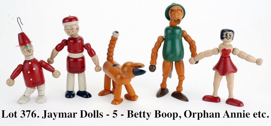 Jaymar Dolls - 5 - Betty Boop, Orphan Annie etc.: elastic strung painted wood dolls includes Betty Boop, Orphan Annie & her dog Sandy, radio personality Ed Wynn Fire Chief and a story book animal figure 4" to 5" t.