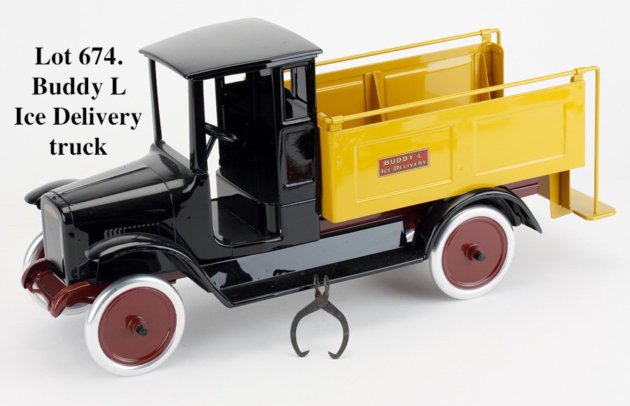 Buddy L Ice Delivery truck: painted pressed steel with aluminum wheels offered with pair of ice tongs 26" l.