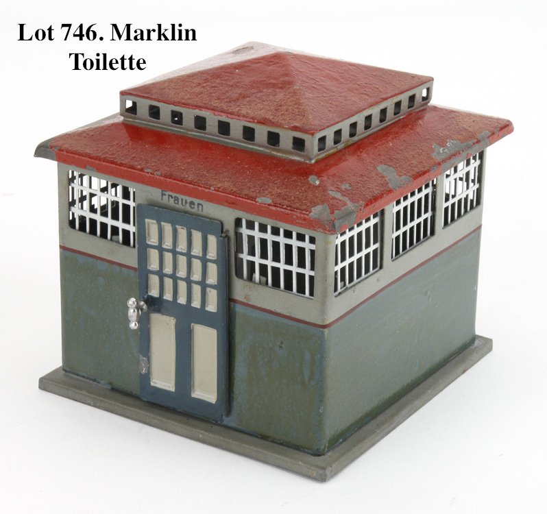 Marklin Toilette: no. 2599 painted tin public facility in German signage 4" w. x 4" t.