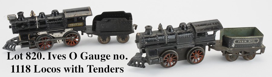 Ives O Gauge no. 1118 Locos with Tenders: circa 1912-16, painted cast iron No, 1118 locos; electric version retaining number plate with repaired pilot, touch up and replaced drive rods and 4 wheel no. 11 tender; other is clockwork (replaced p