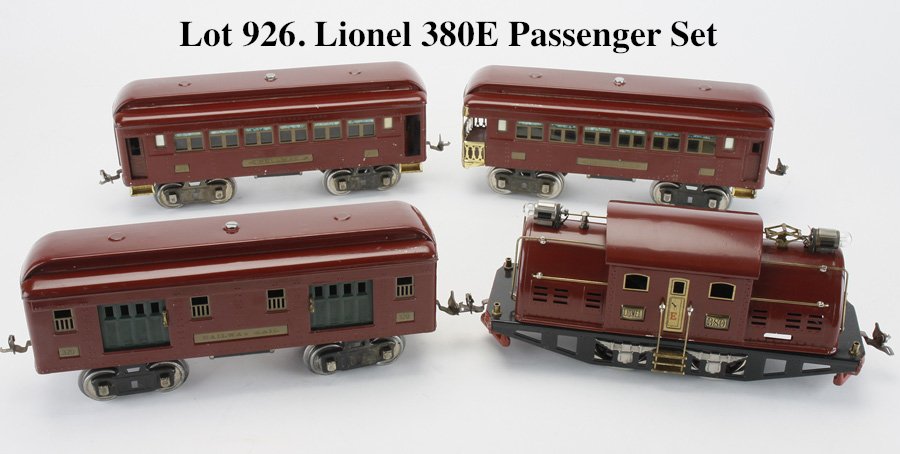 Lionel 380E Passenger Set: standard gauge electric outline 380E electric loco and 3 coaches with 200 series trucks: 320 Railway Mail car, 319 Pullman, and 322 Observation; offered with set box bottom (stained, not pictured) and