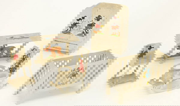 Triang Mickey Mouse Doll House Bedroom Set: English, 5 piece painted wood set with Mickey, Minnie, Clarabelle, and Donald Duck decals, signed by permission Walt Disney Mickey Mouse Ltd., wardrobe 4" t.