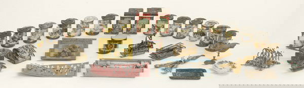 Lot: Kitchen Canisters and Cutlery: including 12 piece canister with fruit labels, 2 lithographed tin tea canisters, toast rack, cutlery in original box, gold utensils, tray, drum, etc, 2" t.