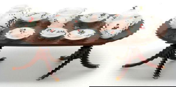 Vintage Mahogany Dining Table w/ Bristol Dishes: Mahogany Duncan Phyfe style dining table with brass feet and marked underneath with the imprint of a small sea horse. Also a 12-piece set of painted Bristol glass dinnerware., 8" L