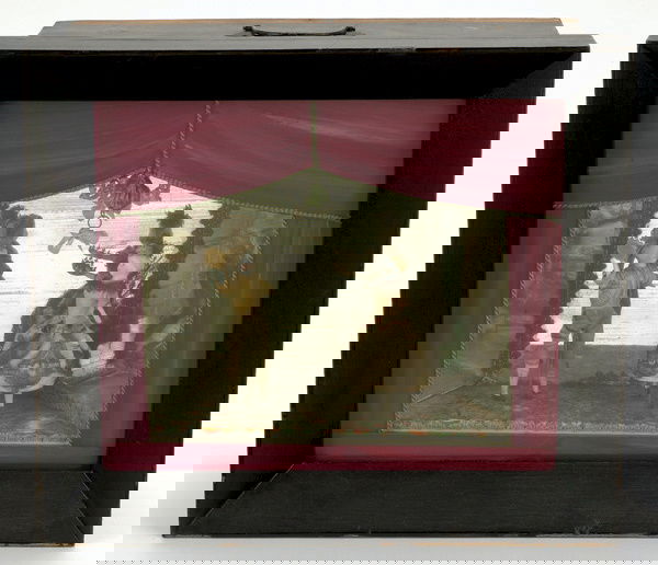 Dancing Couple in Mirrored Vignette: France, ca.1880, musical clockwork mechanism, framed shadow box with glass front, the interior features colorful lithographed paper dance floor, Dresden gilt paper trimmed mirrored back, soft metal si