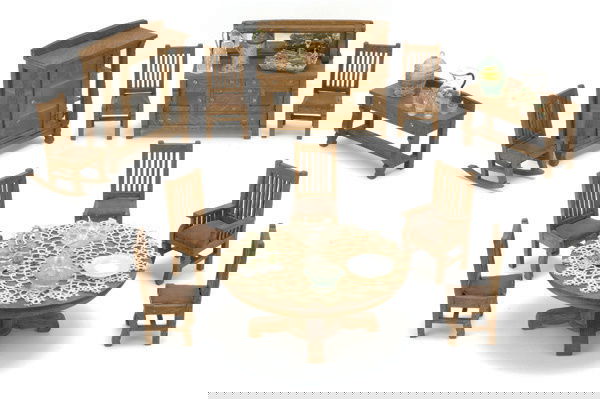 Mission Oak Dining Room Set: quarter sawn oak dining room suite includes round table with 6 chairs, china closet, sideboard with mirror, server, rocker also includes glass and soft metal miniatures, china cupboard 6" t.