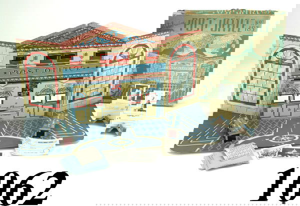 Wolverine Post Office with Box: lithographed tin and cardboard, and exceptional example complete with original cardboard display stands for post cards, envelopes, stamps, etc., box 12" sq.