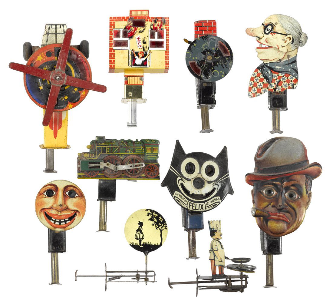 Ten tin lithograph plunger toys, to include a F (1 of 1)