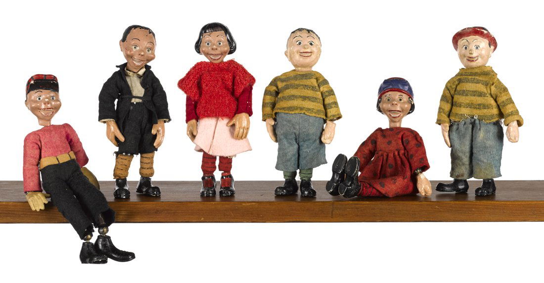 Six Swiss Bucherer metal ball jointed Reg'lar Fe: Six Swiss Bucherer metal ball jointed Reg'lar Fellers comic Saba figures, five in their original outfits, tallest - 8 1/4''.