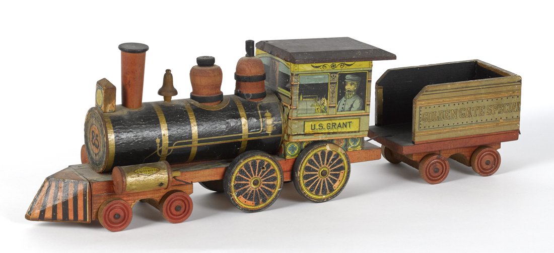 Bliss paper lithograph U. S. Grant train locom: Bliss paper lithograph U. S. Grant train locomotive and tender, the tender inscribed Golden Gate Special, engine - 14 1/2'' l.