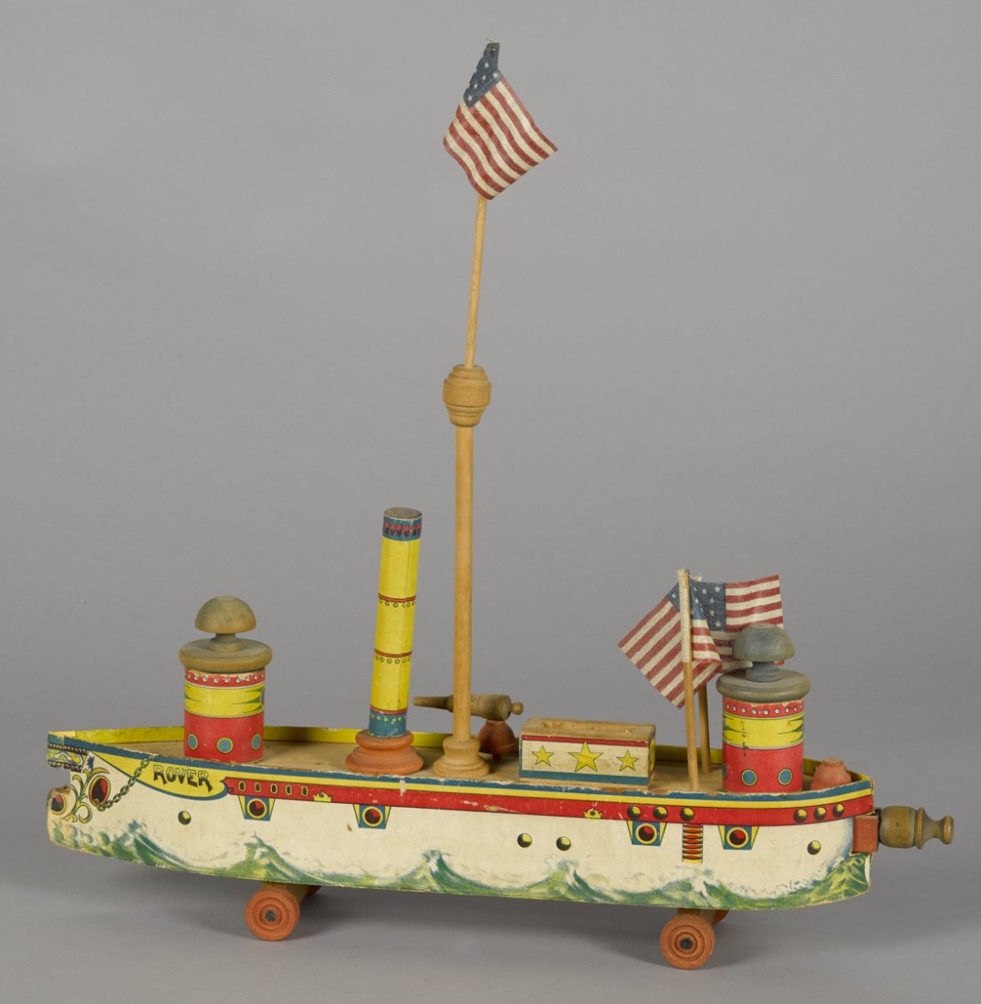 Bliss paper lithograph Rover battleship with: Bliss paper lithograph Rover battleship with a shooting mechanism, 19 1/4'' l.