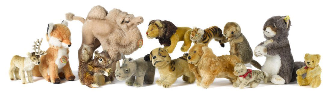 Thirteen Steiff plush animals, several vintage, (1 of 1)