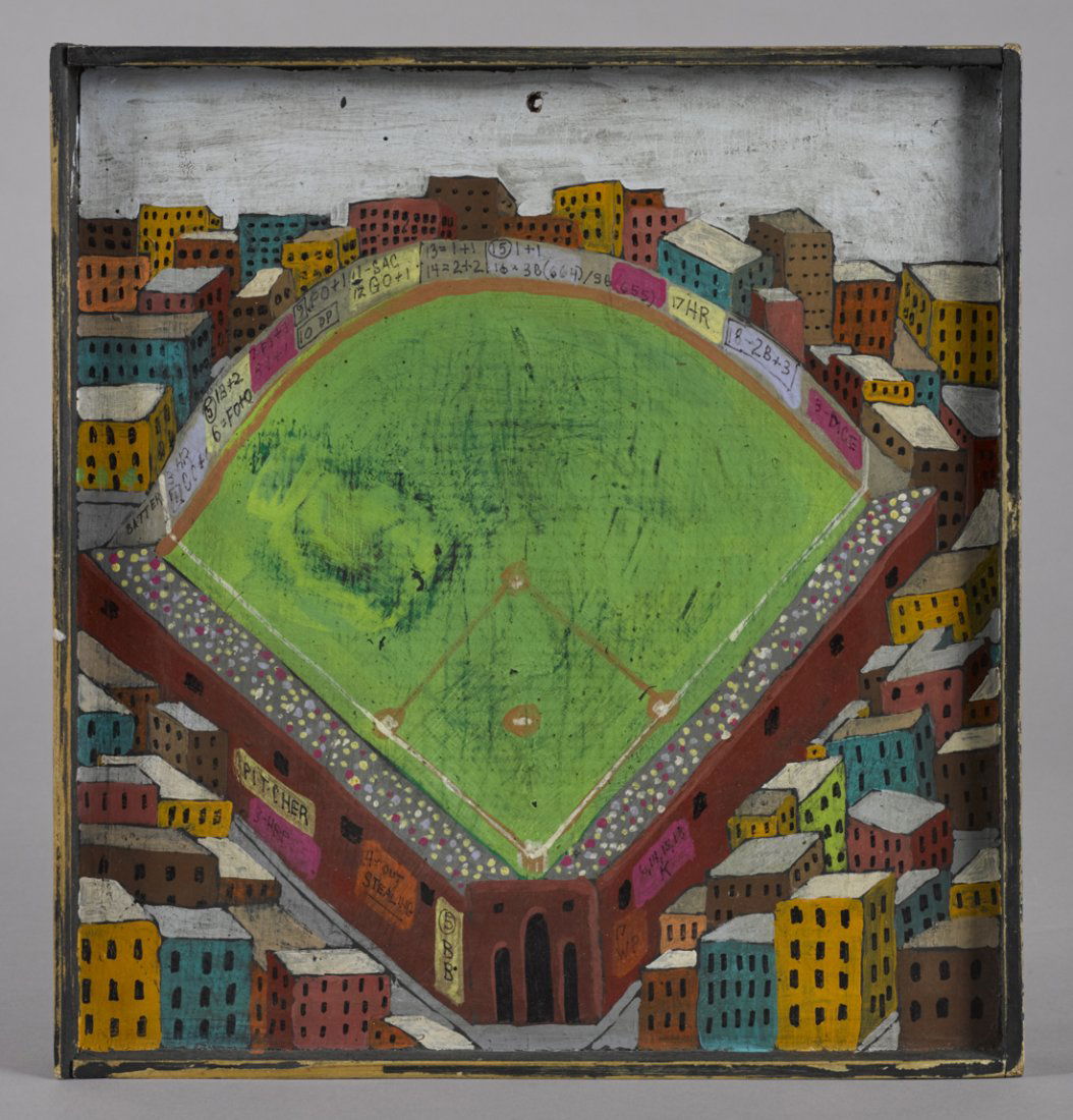 Folk art painted pine baseball dice game board, (1 of 1)