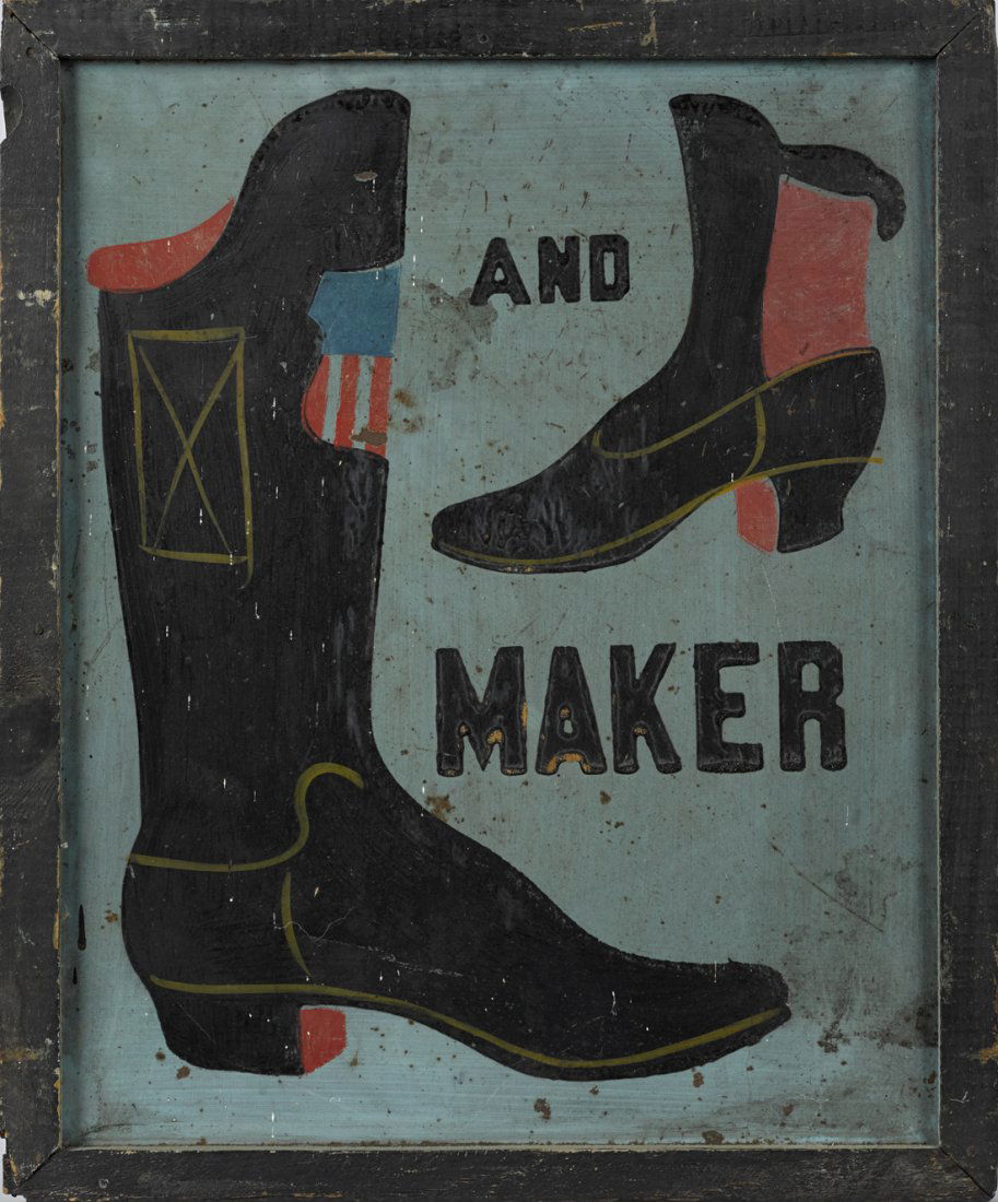 Boot and Shoe Maker painted tin trade sign, (1 of 2)