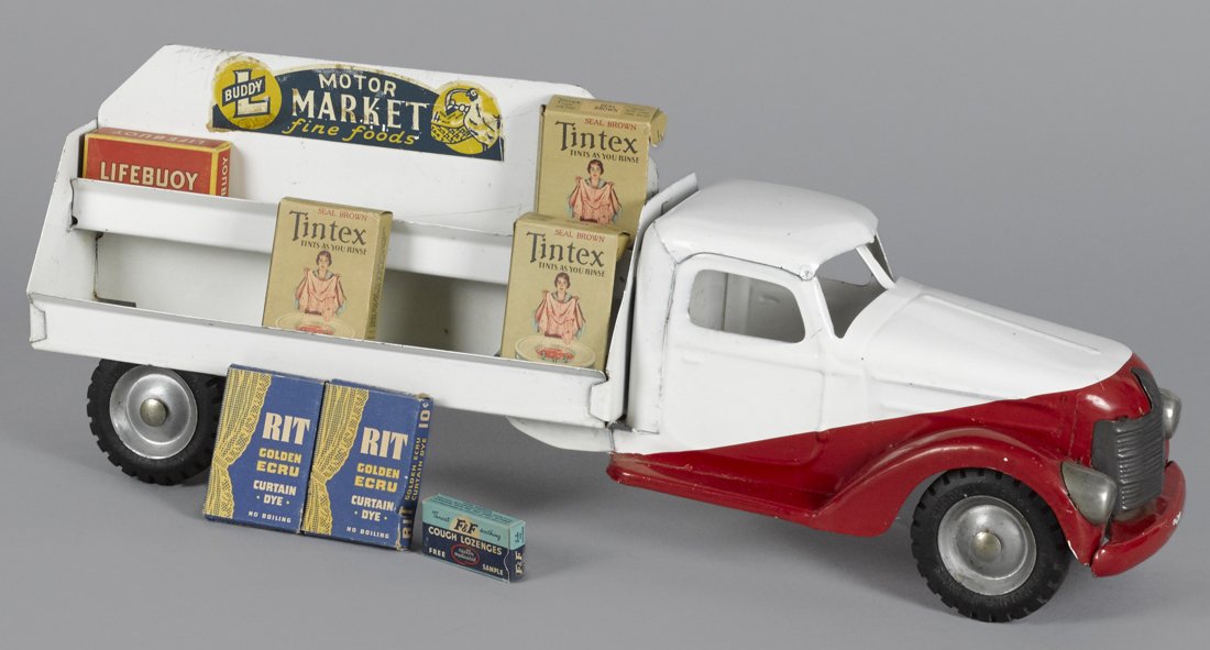 Buddy L pressed steel Motor Market delivery tr: Buddy L pressed steel Motor Market delivery truck with several boxes of miniature food samples, 21 1/2'' l.
