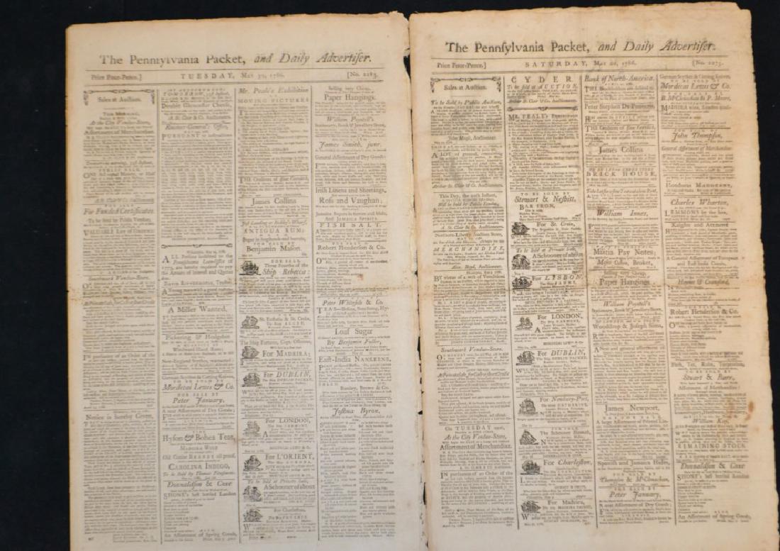Two 18th C The Pennsylvania Packet Newspaper: Two 18th century The Pennsylvania Packet and Daily Advertiser Newspapers printed by John Dunlap and David Claypoole including May 20 & 30, 1786 with articles on Foreign and domestic affairs. In 1784,