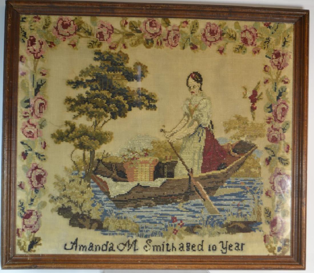 19th Century American Needlepoint (1843): 19th century American Needlepoint (1843). Artist: Amanda M. Smith (aged 10). Provenance: Township of Allen in Michigan record her at age 17 in the 1850 census. Photocopy of census records on back. Fra