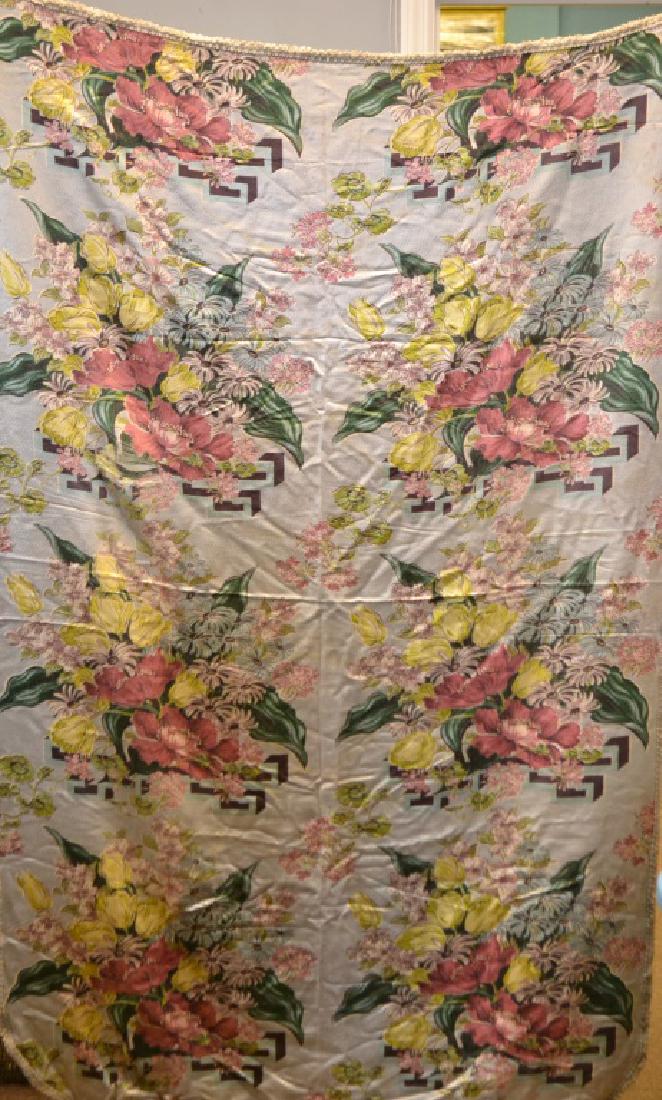 1920's Silk Floral Bar Cloth Type Tablecloth: 1920's Silk Floral Bar Cloth Type Tablecloth, measuring approx. 38" x 70" (4" x 3" worn spot)