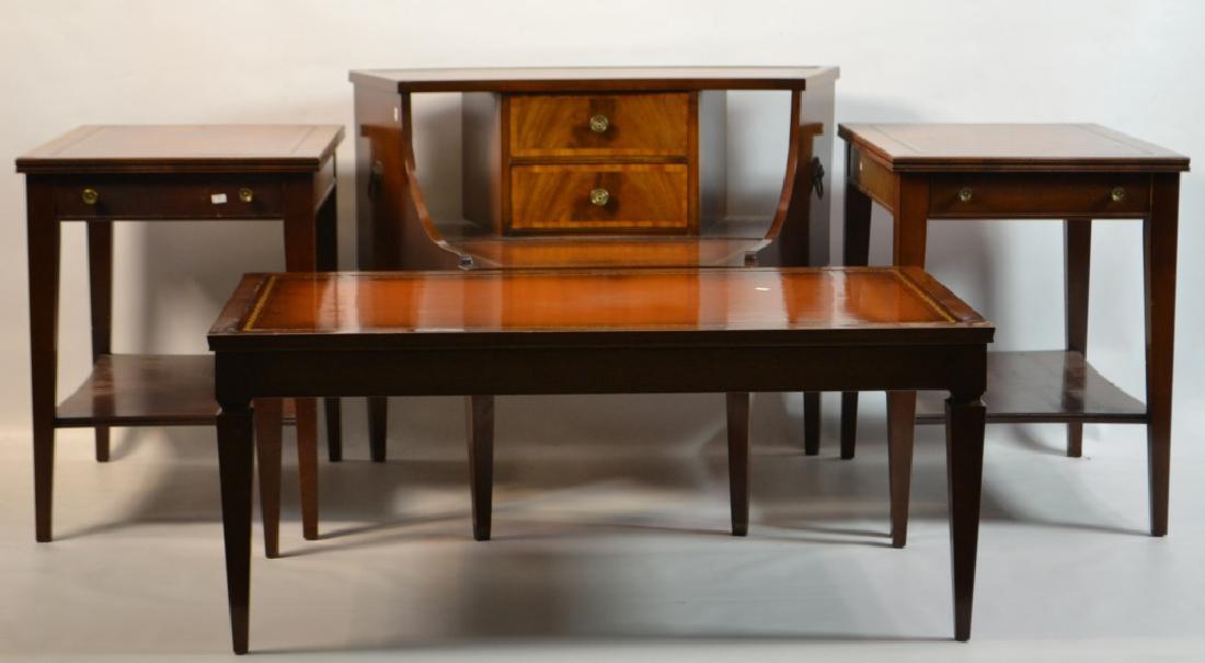 Grouping of Mahogany Leather Top Tables: Grouping of Mahogany Leather Top Heritage Henredon Tables including pair of end tables, corner table, and coffee table Coffee table measures approx. 16"h x 37.75"w x 22"d