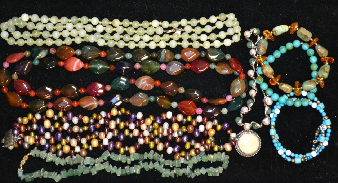 Jade Grouping of Necklaces & Bracelets: Jade Grouping including: Sterling Silver Jade and Pearl bracelet, multi colored pearl necklace, Alikhah collection of Jade beads