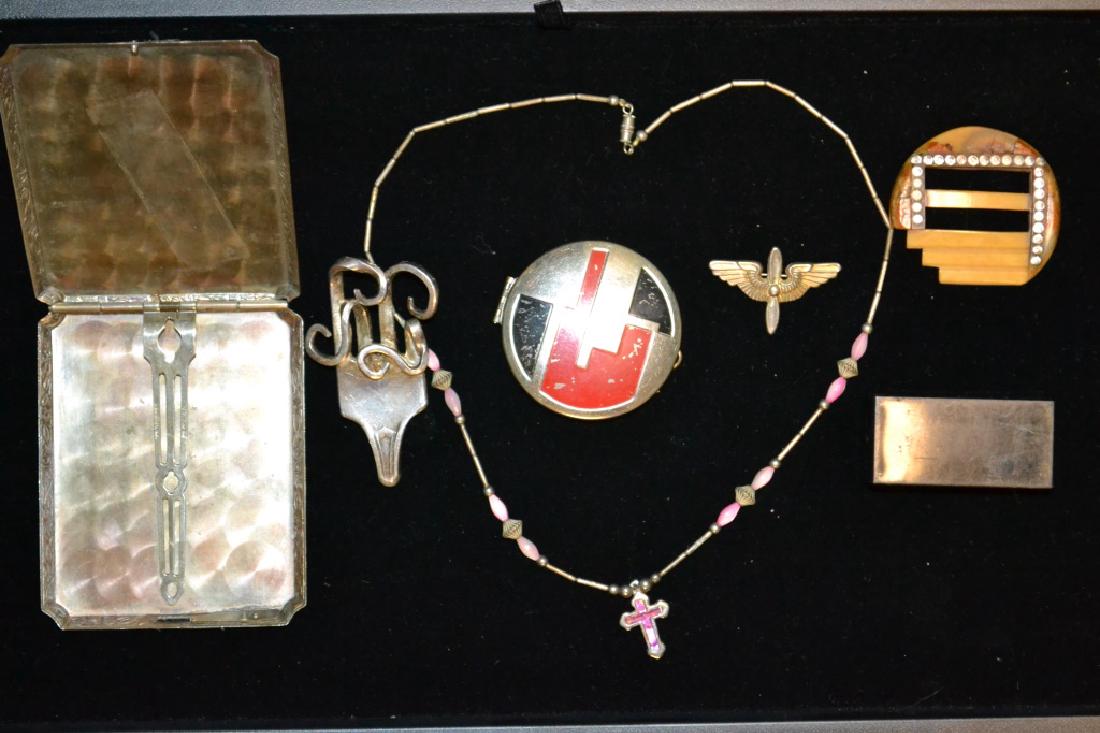 Collection of Vintage Dresser Items: Collection of Vintage Dresser Items including: compact, necklace, lacquered pill box, silver plated cigarette case ( with broken clasp) sterling silver pilots pin, fork pin.