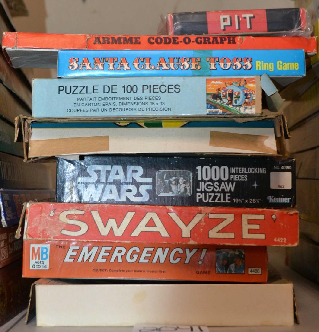 Grouping of 10 1960's Board Games & Activities: Grouping of 10 1960's Board Games & Activities including: Code o Graph, Pit, 456 pick up sticks, James Bond, Emergency, Star Wars Puzzle, etc. (games and activities are in varying degrees of condition