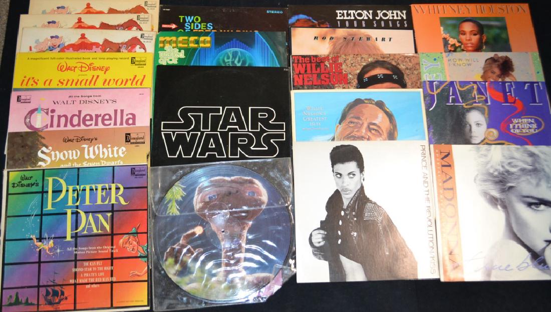 Grouping of 20 Various Artist Records: Grouping of 20 Various Artist Records including: Prince, Janet Jackson, Willie Nelson, Rod Stewart, Whitney Houston, Elton John, Madonna, Walt Disney, Its a small World, etc.