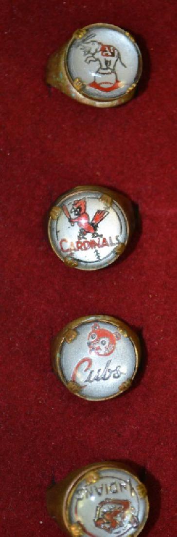 (4) 1954 Baseball Vending Gum Ball Rings: (4) 1954 Baseball Vending Gumball Rings Glass Dome Top including: Team Philadelphia athletics, Cardinals, Indians and Cubs.