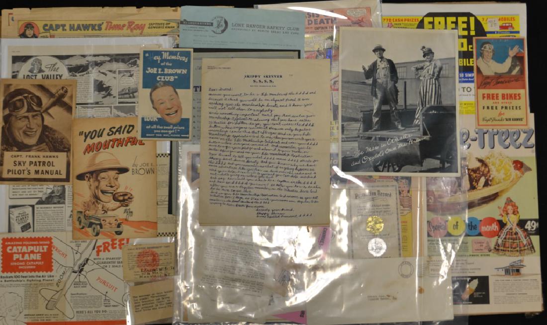 Large Collection Of 1930's & 40's Epherema: Large Collection Of 1930's & 40's Epherema and Premiums including: Frank Hawk's Sky Patrol, Joe Brown, gang busters, Lone Ranger, Skinner, Oxydol's Mama Perkins (photo and paperwork), Orphan Annie, Di
