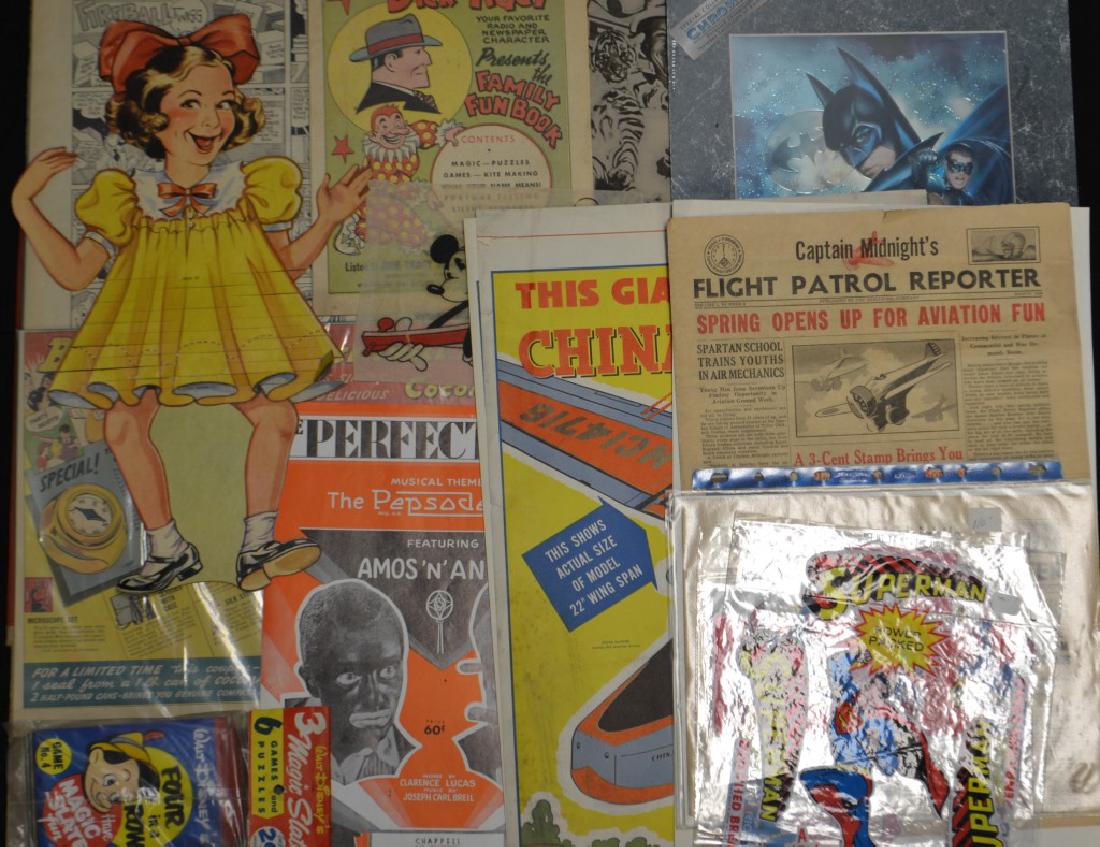 Early Premium & Epherema Lot: Early Premium & Epherema Lot including: Dick Tracy, Amos & Andy, Captain Midnight, Magic Forehead Vision, Superman wrapper, Disney, Batman Forever, 22 inch model Kraft Milk promo china clipper adverti