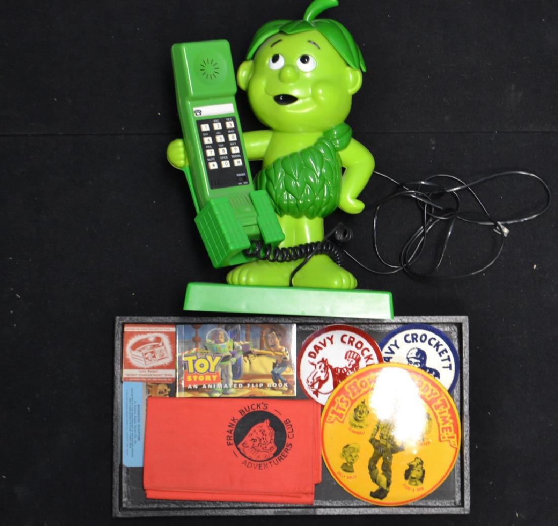 Collection of Premiums: Collection of Premiums including: Howdy Doody Time large button, 2 Davey Crocket Iron on Patches, Frank Bucks Adventure Scarf, Toy Story booklet, Green Giant Vintage Sprout Phone