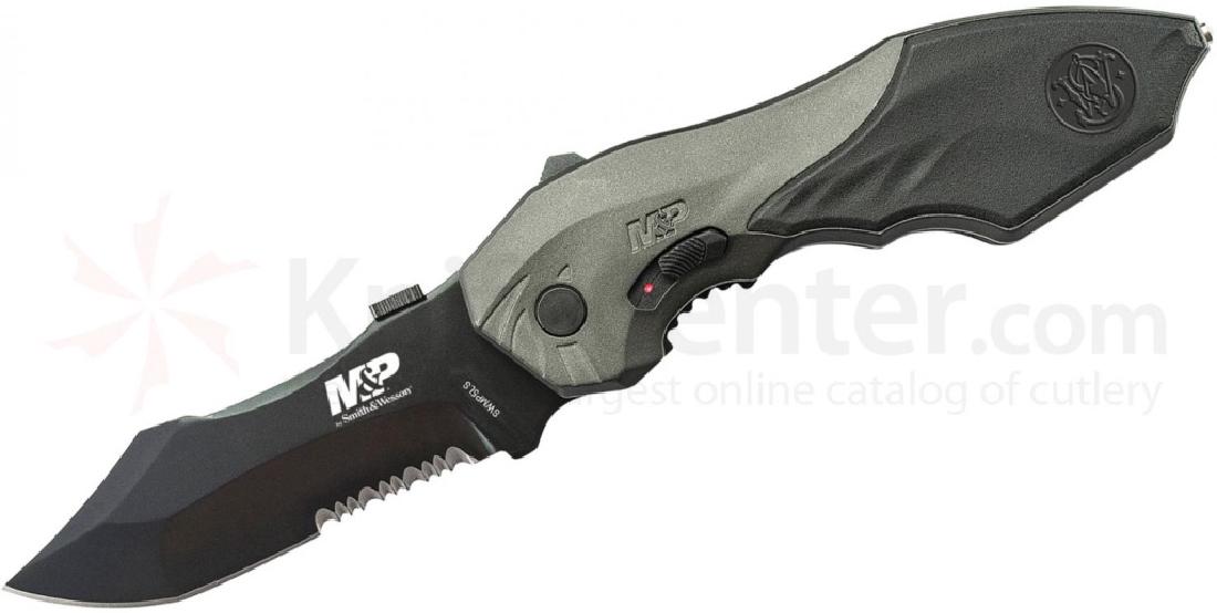 Smith and Wesson MP Assisted Open Folding Knife: Smith and Wesson MP Assisted Open Folding Knife with half serrated stainless steel black coated blade, liner lock, assisted open with safety lock switch on handle that locks blade closed, pocket clip,