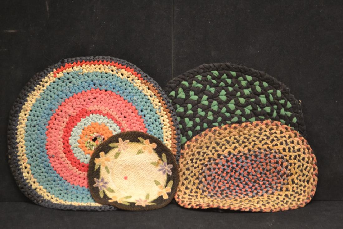 4 Early 20th C miniature Hook Rug & Rag Rugs: 4 Early 20th C miniature Hook Rug and Rag Rugs largest measuring approx. 15"dia