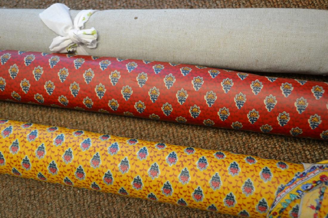 Two Valdrome French Table Cloth Material: Two Valdrome French Table Cloth Material, measuring approx. 56" x 1.5 yards along with and unidentified roll of fabric.