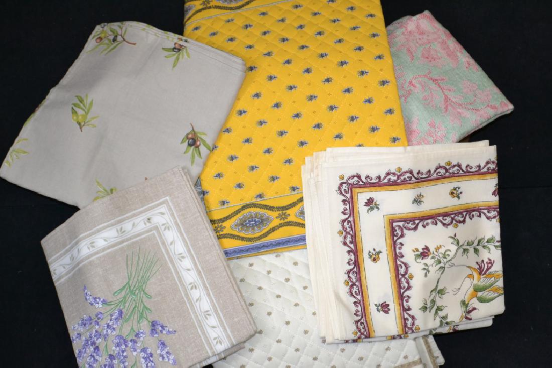 Misc. French Linen Grouping: Misc. French Linen Grouping including: (2) Garnier - Thiebaut dish towels, (24) Napkins, unknown french maker, (2) Damask place mats, (2) Tissous-Toselli quilted table runners, 1 in white and 1 in yel