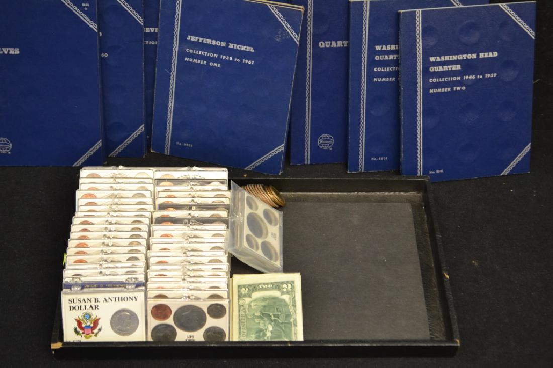 Large Mixed Currency Lot: Large Mixed Currency Lot including: (13) $2.00 bills, (3) Newer $1.00 coins, Eisenhower, Susan B. Anthony, Sacajewea, and presidential coin, lot also includes various complete and incomplete sets 1970
