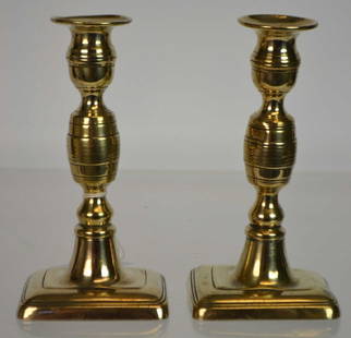 Pair of Scarce 19th C English Brass Candlesticks: Pair of scarce form 19th C English brass candlesticks with barrel-shaped mid-section, base marked by the Makers: John Turner and Co. of Birmingham, England, c 1820. H: 7â€.