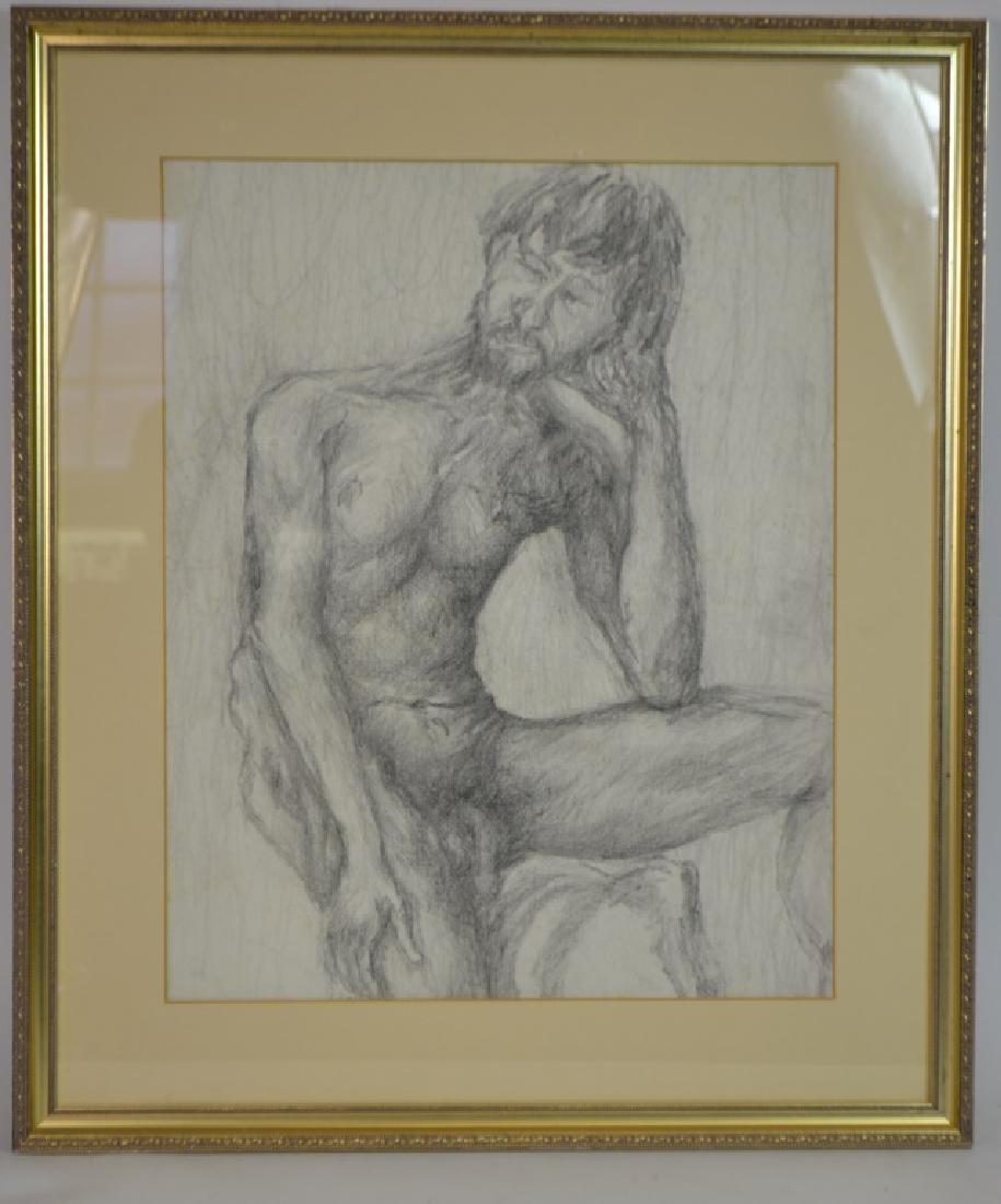 American School Painting, Charcoal Drawing: American School Painting, Charcoal Drawing of a Seated Male Nude, Style of the Artist: Moses Soyer, 28â€ x 23 Â¾â€ framed.