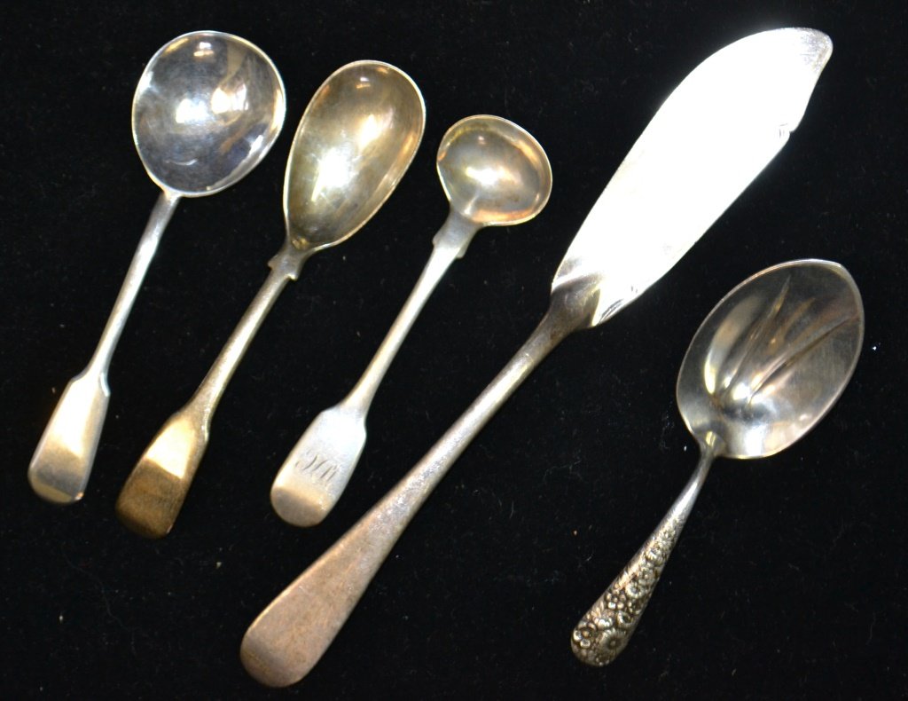 Antique English & American Silver Serving Pieces: Antique English & American Silver Serving Pieces including: Sterling salt spoon by, John Stone Exeter 1842, (2)Sterling caddy spoon one by, W.R. Sobey Exeter 1843, and another by George Day, London 18