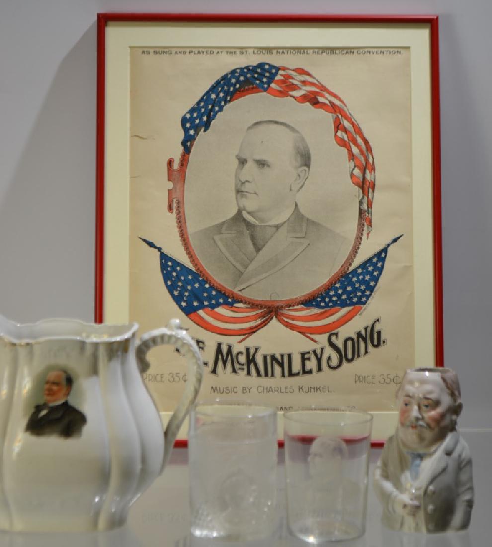 McKinley Commemorative Grouping: McKinley Commemorative Grouping including: a nicely framed sheet music cover image of the song 'The McKinley Song', with original authorship notes reading 'Music By Charles Kunkel', United States, 189