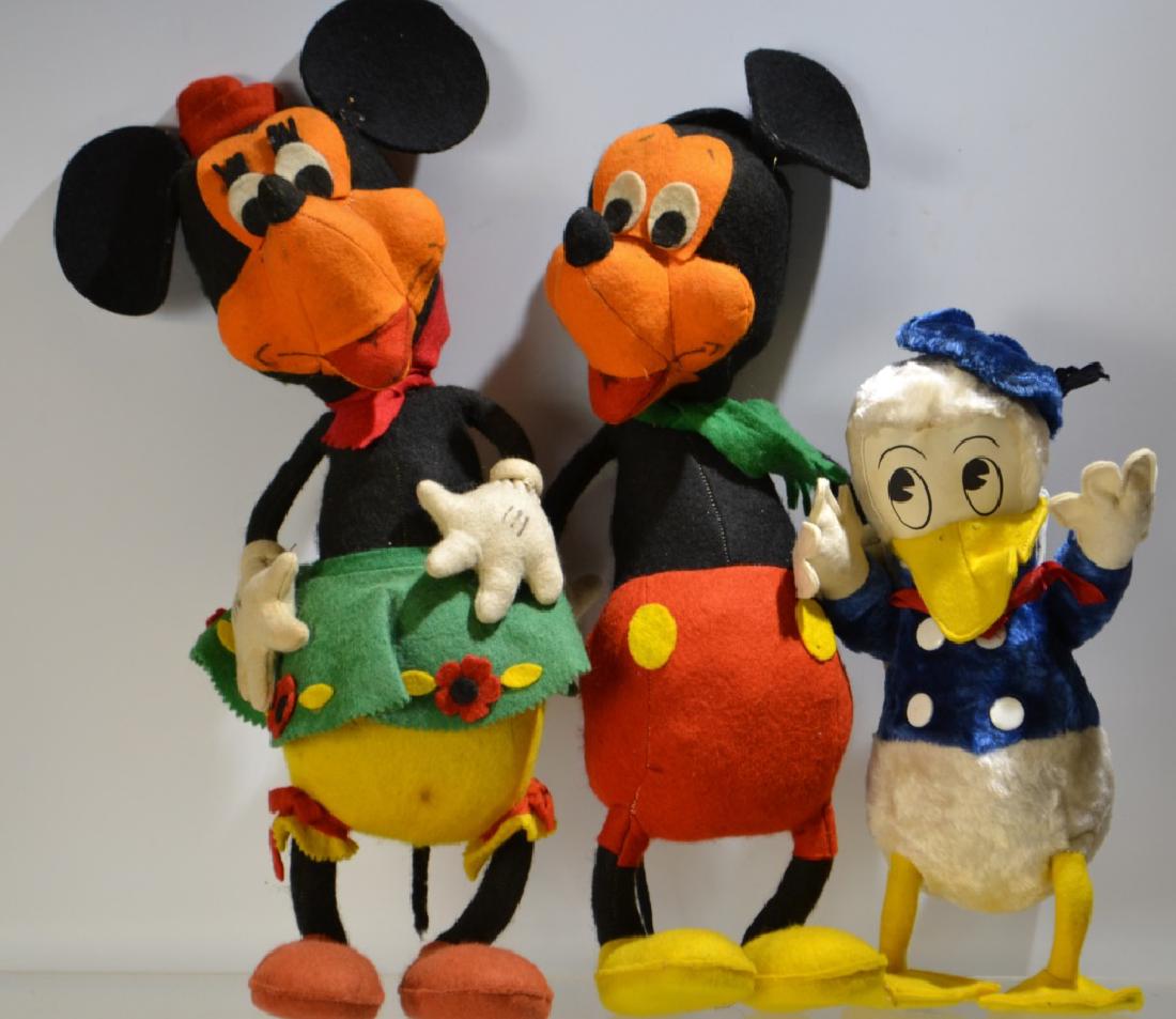 Three Walt Disney Early Plushes: Three Walt Disney Early plushes including a Mickey and Minnie Mouse, and an early Donald Duck made in England still retaining a Merry Thought Hygeni Toys tag on the bottom of his right foot - Mickey a