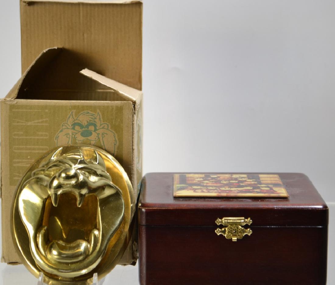 Loony Tunes Taz Door Knocker and Mickey Mouse LtdE: Loony Tunes solid Brass Taz door knocker NIB, and Mickey Mouse Ltd Edition watch and small Mickey Plush in decorative wooden box with original labels and documentation, Taz's box is somewhat damaged