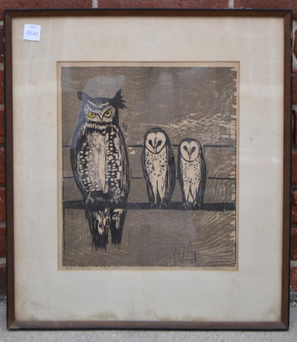 Mildred Dillon (American, born 1907) Three Owls: Mildred Dillon (American, born 1907) Three Owls Lithograph, signed LR dated 1963 (Great Horned Owl, and Two Barn Owls are pictured) measuring appx 12" x 13.5"