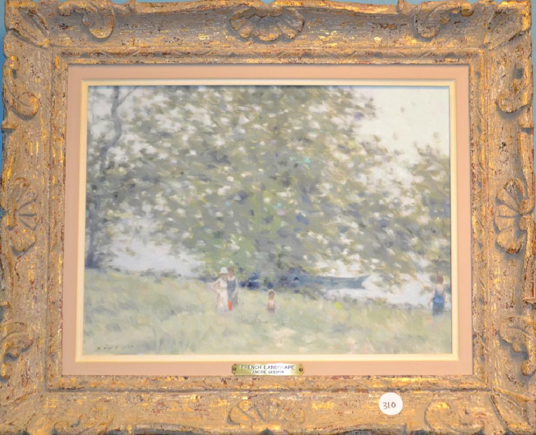 Oil on Canvas by Andre Gisson: Oil on Canvas by Andre Gisson titled "French Landscape" showing a riverside scene with four people. signed LL