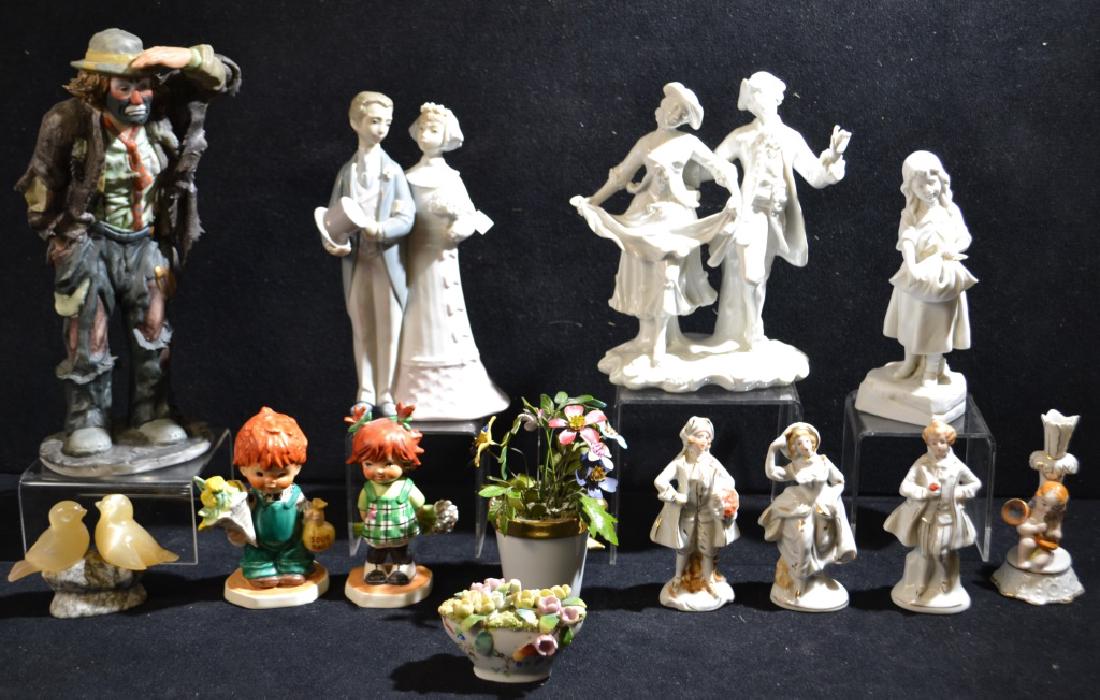 Grouping of Thirteen Figural Items: Grouping of Thirteen Figural Items including: Lladro Bride and Groom, ceramic Japanese pieces, two Goebel children, and more