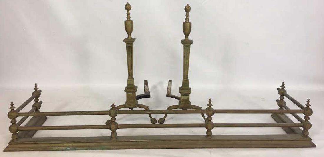 Pair of Philadelphia Style Brass Andirons & Fender: Pair of Philadelphia Style Brass Andirons & Fender, Andirons measures approx. 27.5"h