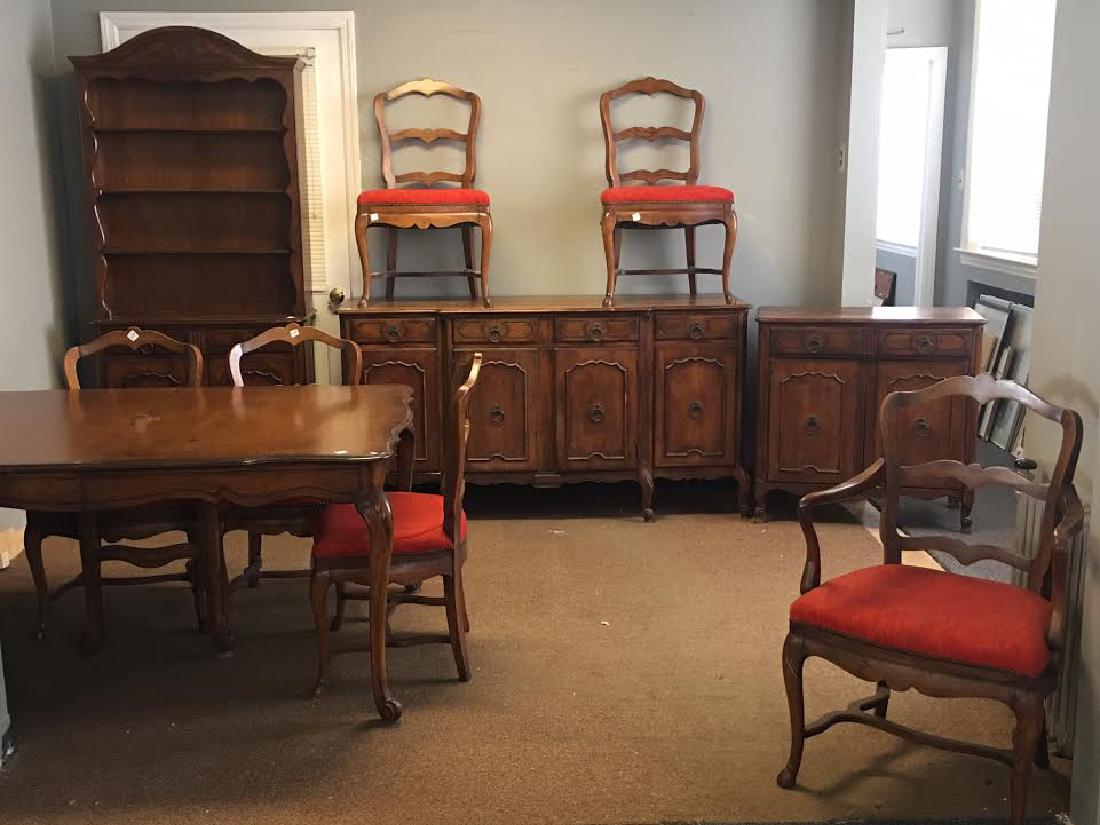 Oak Dining Room Set: Oak Dining Room Set including: table with 6 chairs, (5) side chairs and (1) arm chair, 2 servers and a cupboard, cupboard measures 80"h x 34"w x 15"d (some scratches to surface in overall used conditi