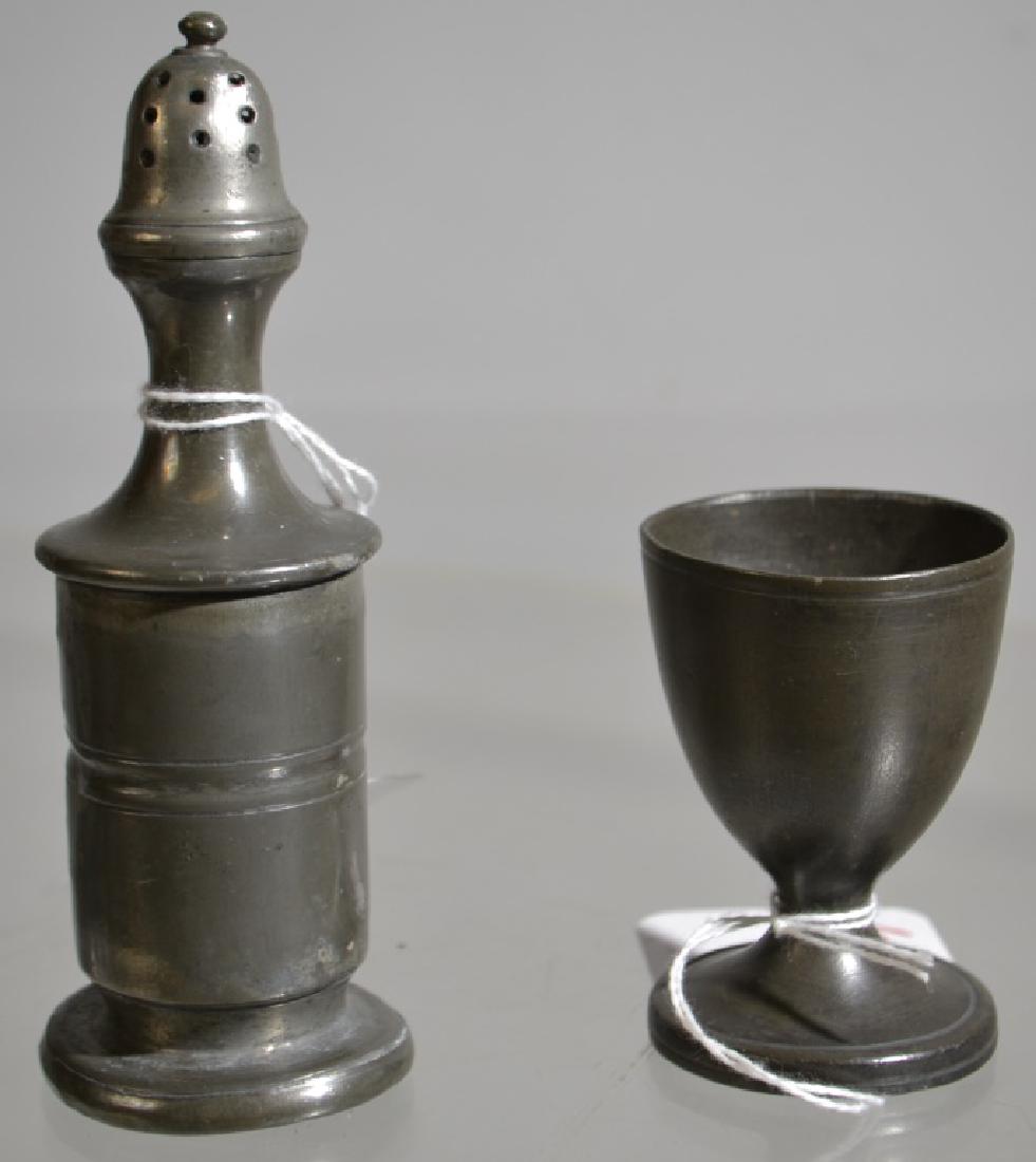 Rare Form 19thC American Pewter Pepper Pot: Rare Form 19thC American Pewter Pepper Pot standing appx 5.5"H, along with a 19th English Egg cup holder c 1825 standing appx 2.5"H